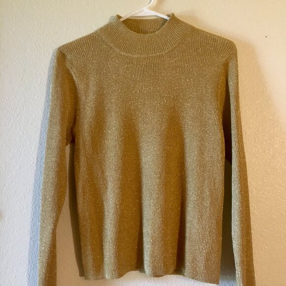 August Silk Blend Gold Metallic Ribbed Mock Neck Sweater Long Sleeve Size M NYE - Picture 2 of 5